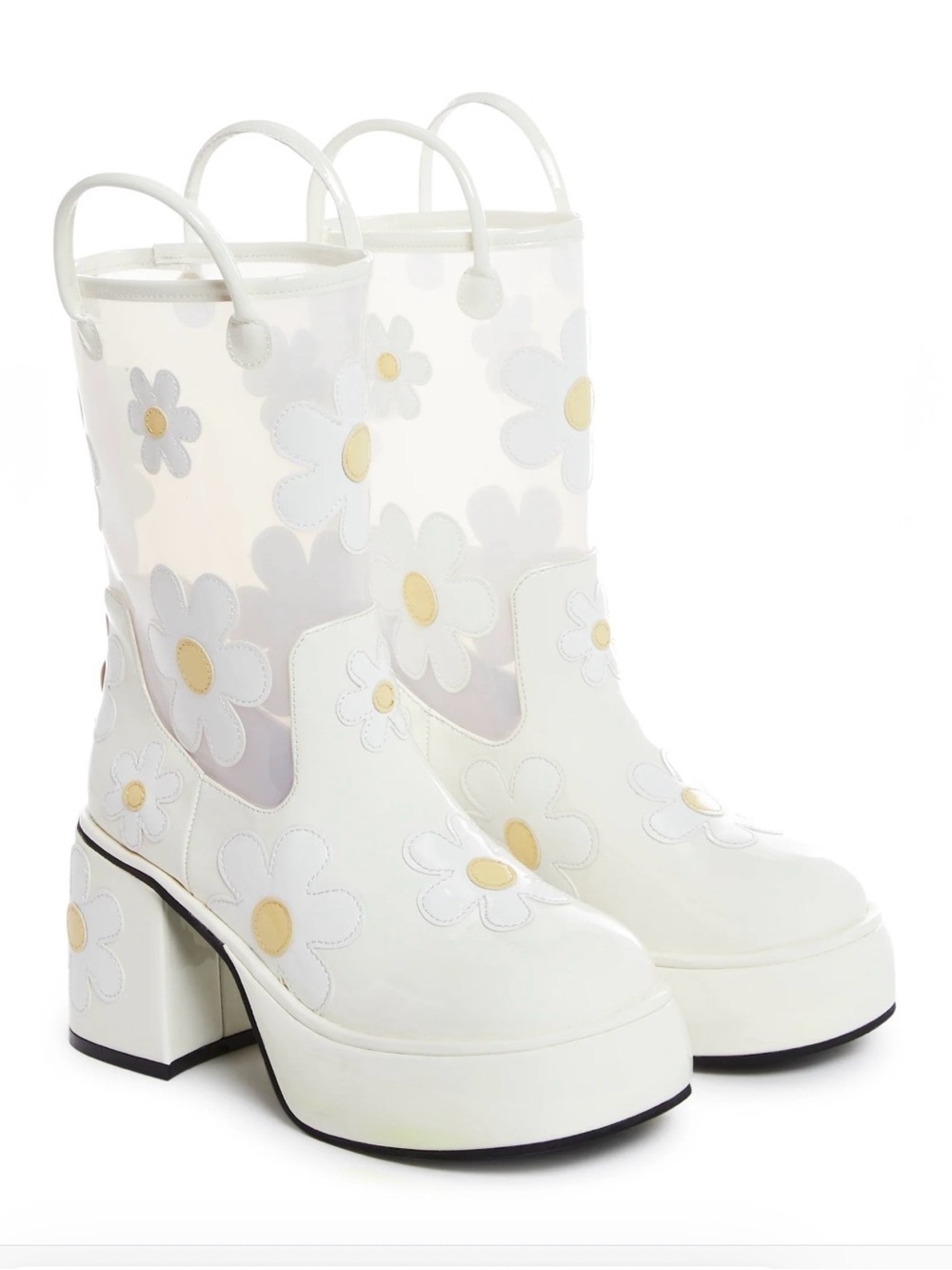 Sugar Thrillz - Cream and Yellow Floral Platform Rain Boots